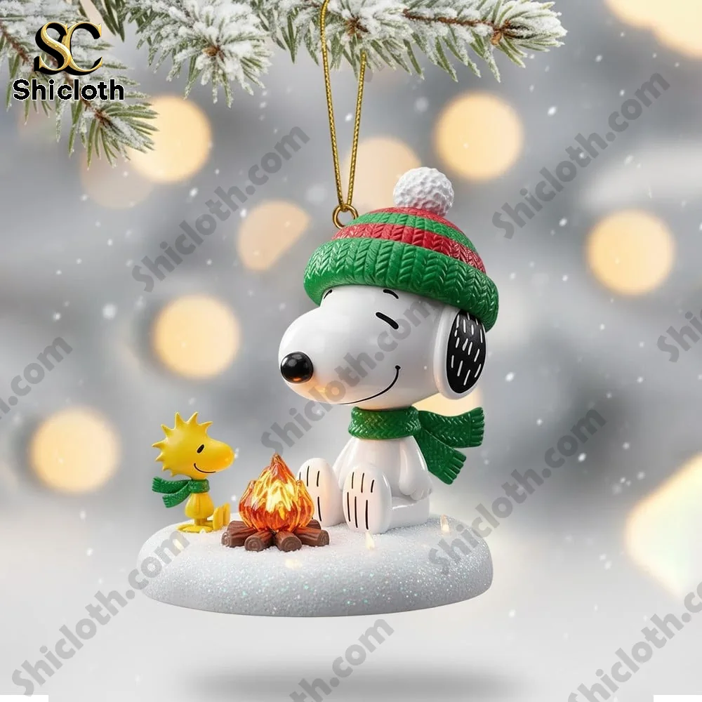 Peanut And Snoopy Christmas 2025 Snowball Led Light And Ornament Set 7 Snoopy and Woodstock sitting by a small campfire on a snowy base.