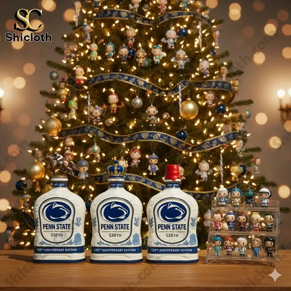 Penn State anniversary bottles and small collectible figures in front of a decorated Christmas tree.