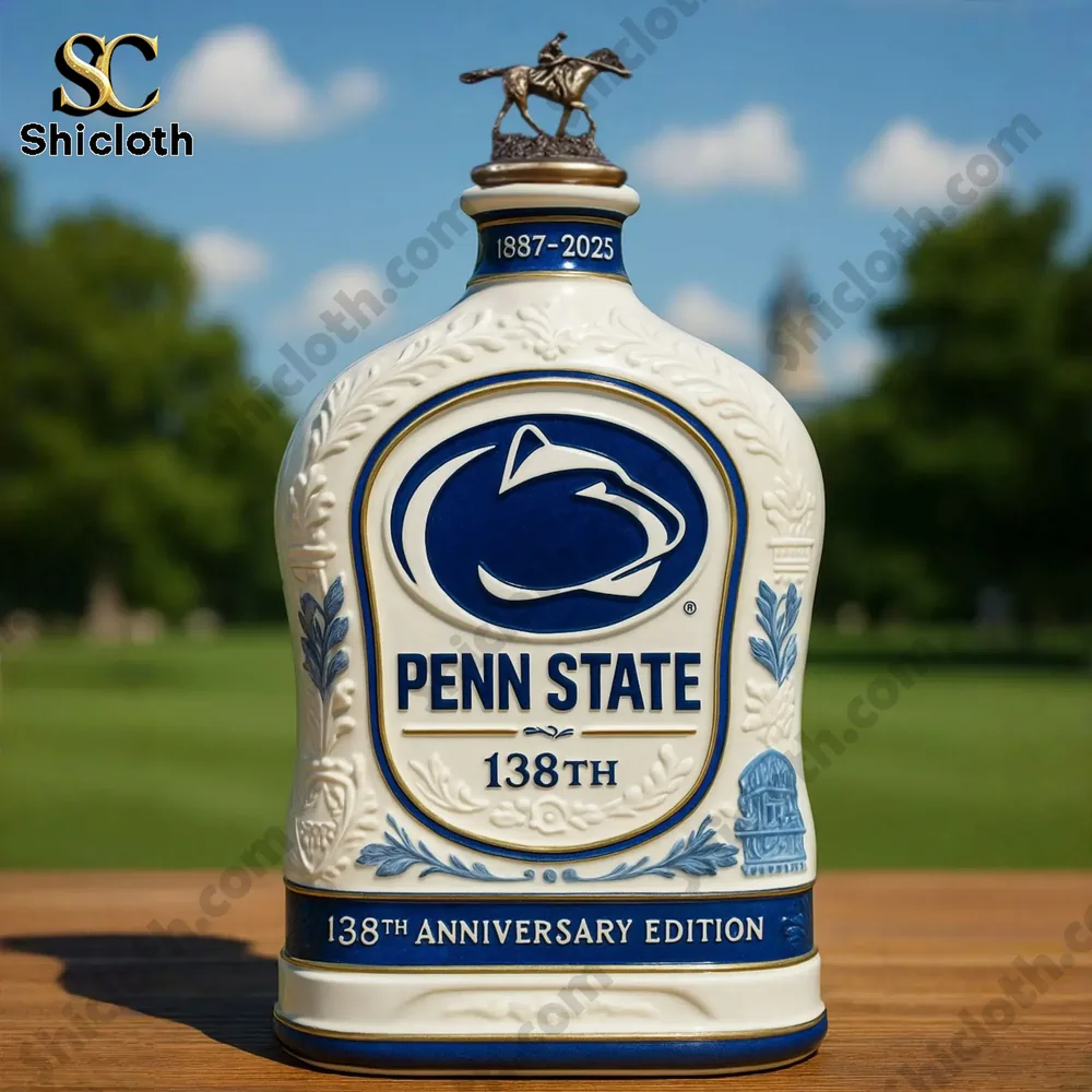 Penn State anniversary bottle with horse rider topper displayed outdoors.