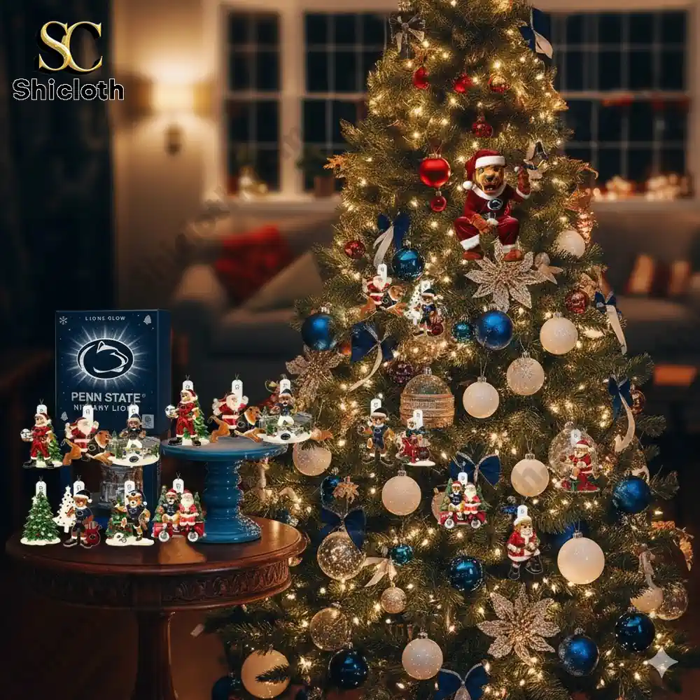 Penn State themed holiday mascot ornament on a lit Christmas tree