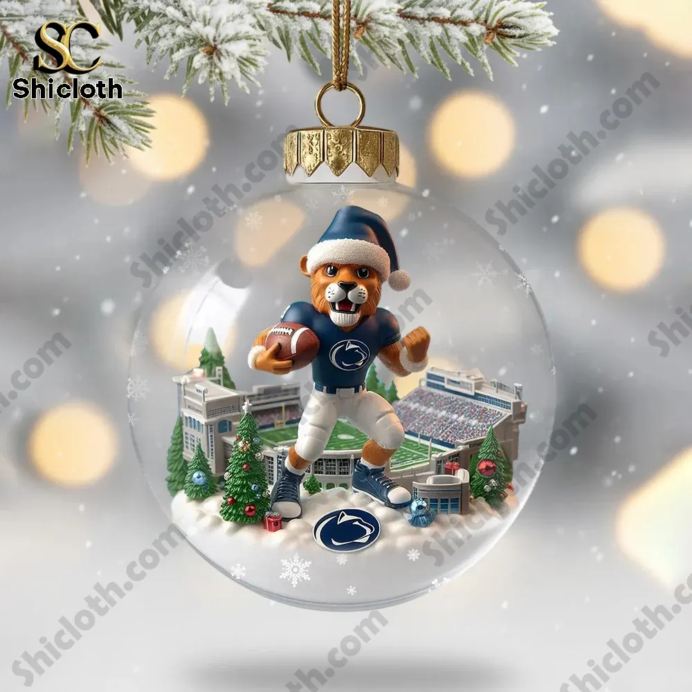 Penn State Nittany Lions Christmas Acrylic Ornament 3 Penn State mascot holding a football inside a Christmas ornament with stadium background.