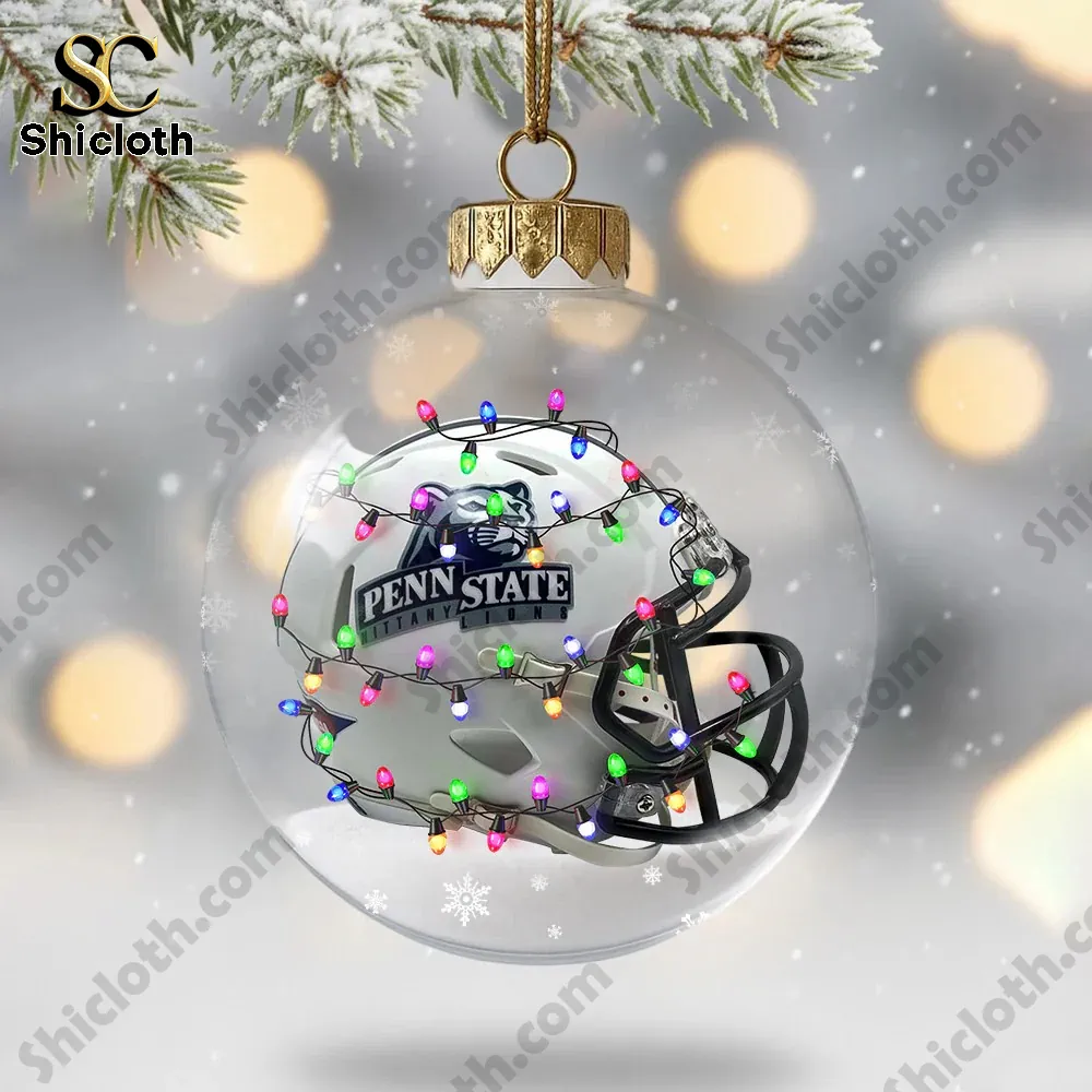 Penn State Nittany Lions Christmas Acrylic Ornament 4 Penn State football helmet wrapped in colorful holiday lights inside a Christmas ornament.