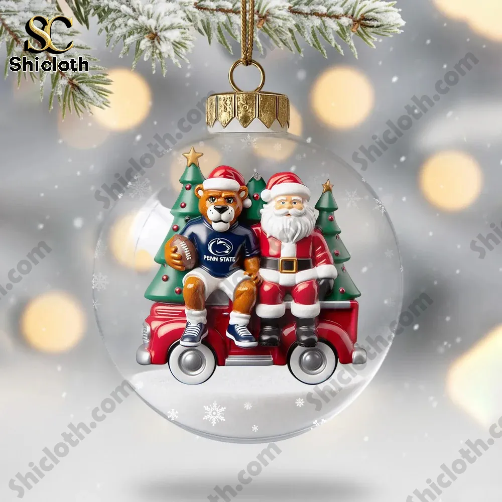 Penn State Nittany Lions Christmas Acrylic Ornament 6 Penn State mascot and Santa sitting together on a red sled inside a Christmas ornament.