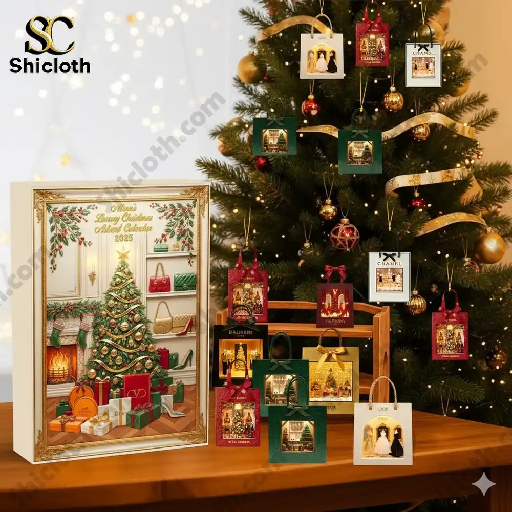 Luxury Christmas Advent Calendar 2025 with handbag themed mini gift boxes beside a decorated tree.