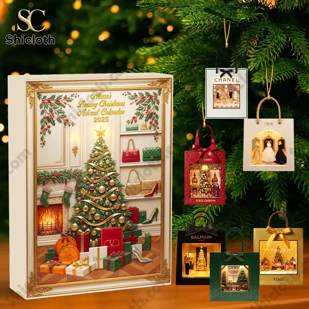 Close up of Shicloth Luxury Christmas Advent Calendar 2025 with miniature handbag gift boxes hanging on the tree.