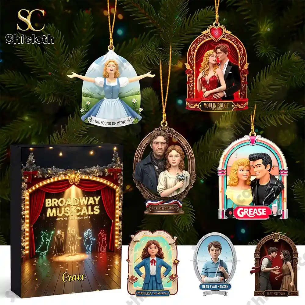 Personalized Gifts For Musical Lovers Christmas Advent Calendar Blind 3 Close up of detailed musical ornament designs hanging on a Christmas tree with the advent box in view.