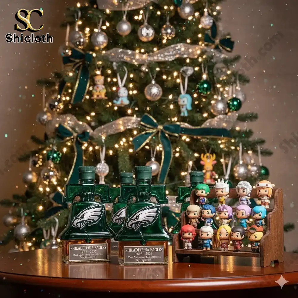 Philadelphia Eagles themed bottles and small collectible figures displayed in front of a Christmas tree.