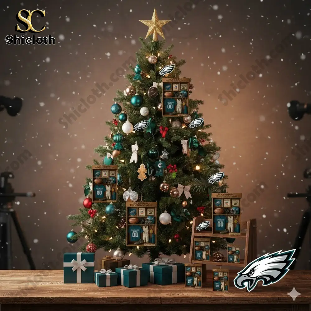 Christmas tree decorated with Philadelphia Eagles themed ornaments and gifts.