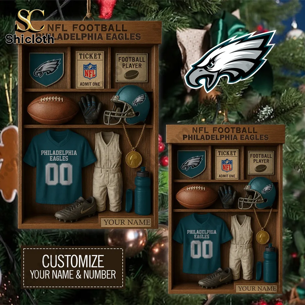 Mini display box with Philadelphia Eagles football gear and customizable name area.