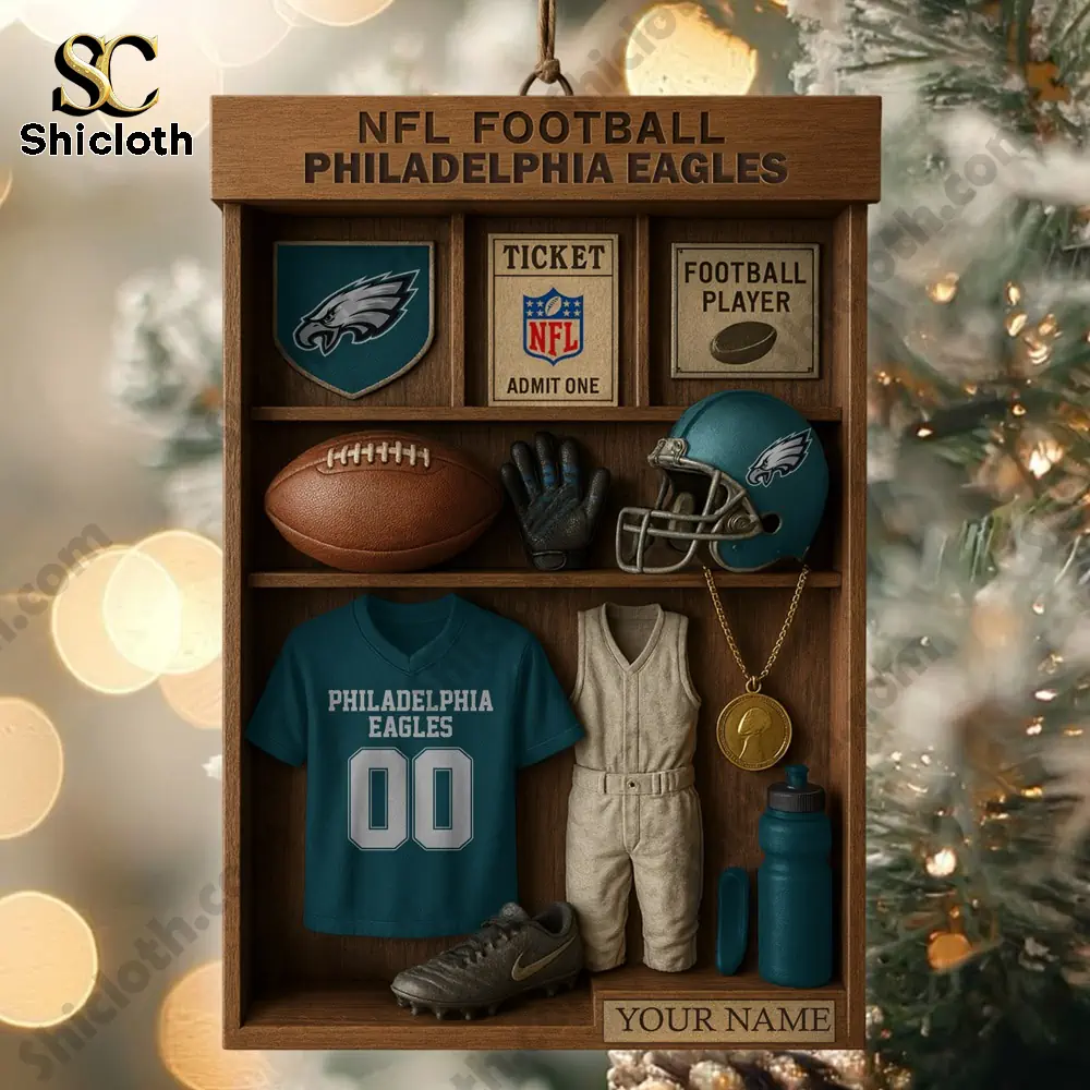 Philadelphia Eagles NFL Football Locker Customizable Hanging Ornament 3 Philadelphia Eagles themed miniature locker display with gear and jersey.