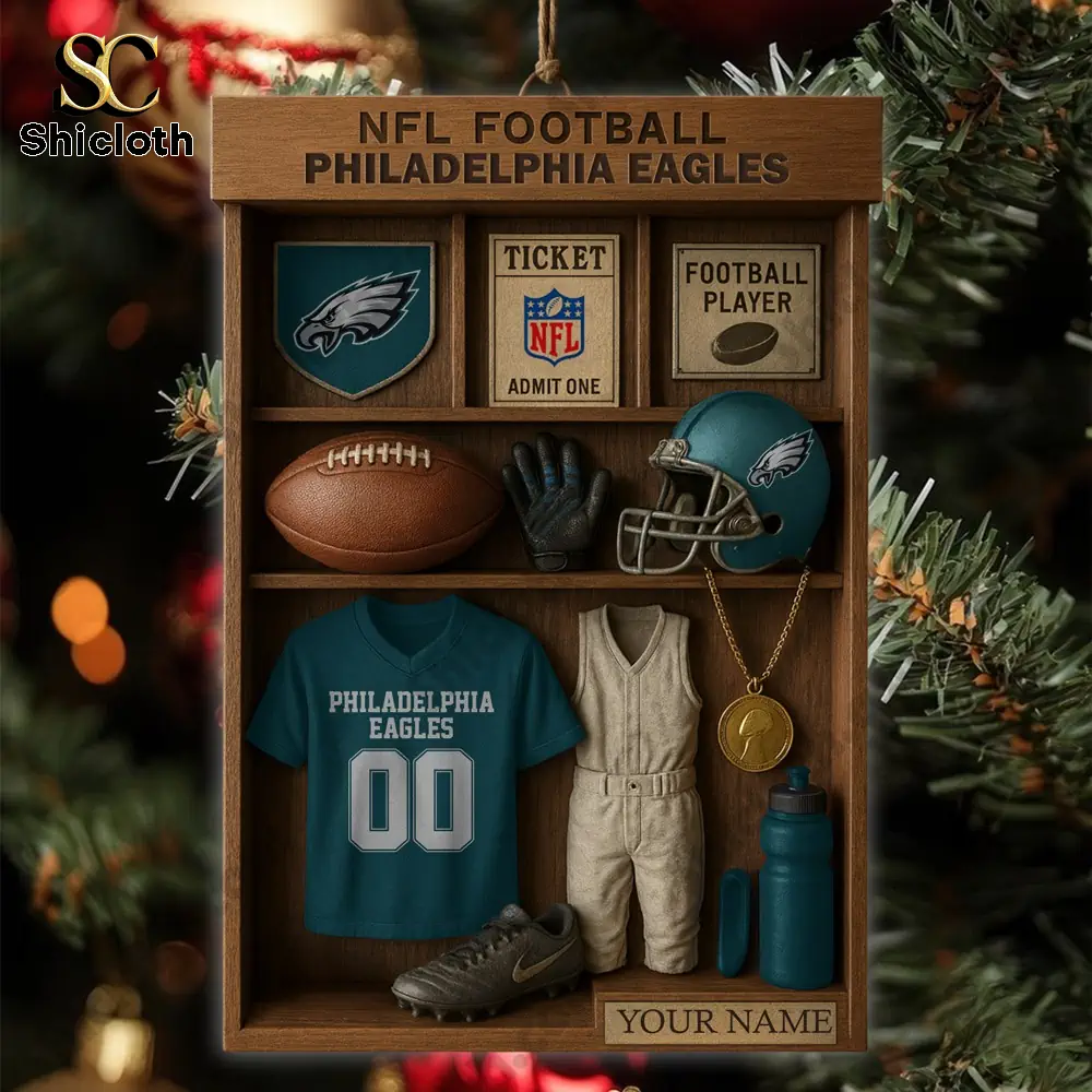 Philadelphia Eagles NFL Football Locker Customizable Hanging Ornament 4 Small hanging ornament shaped like a Philadelphia Eagles player gear display.