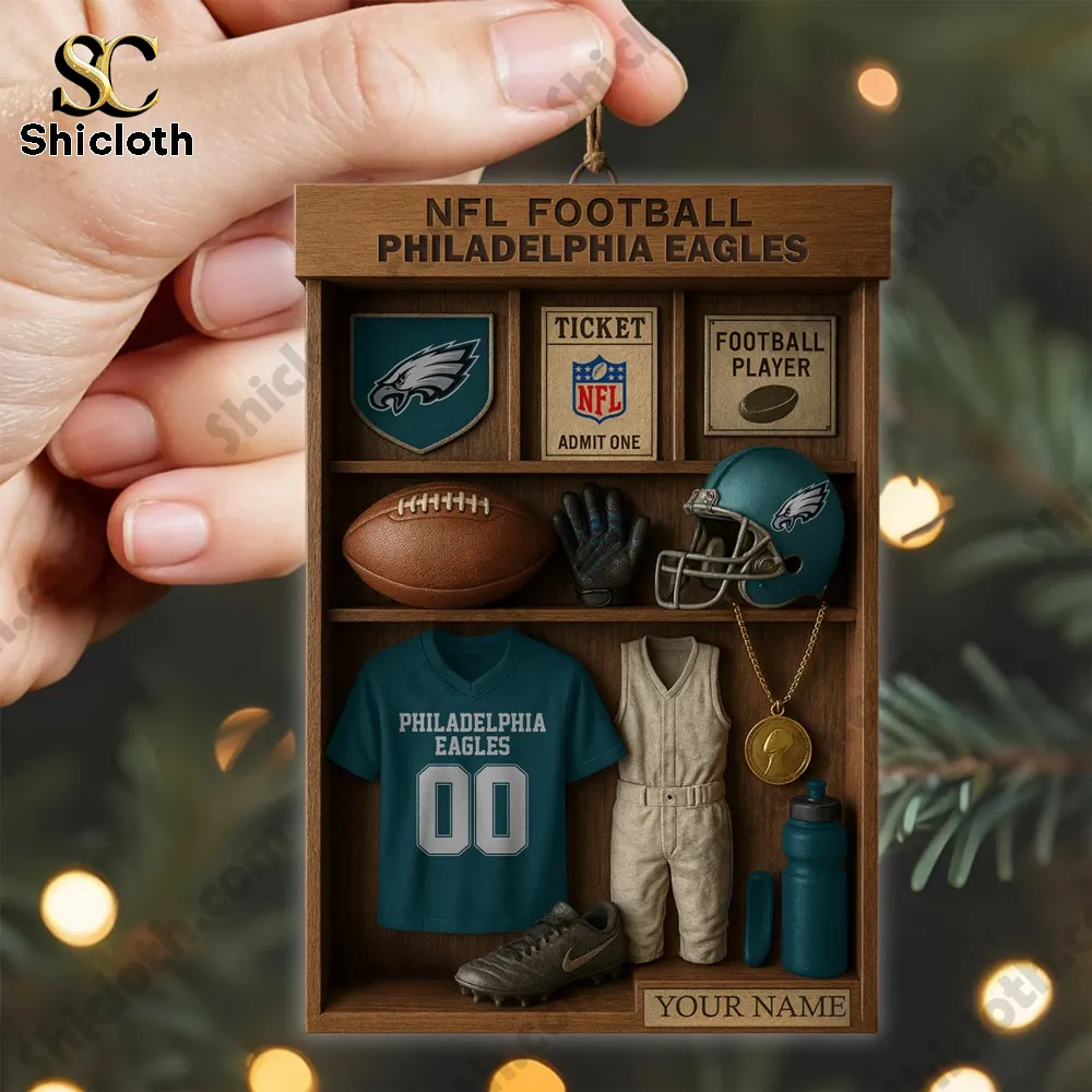 Philadelphia Eagles NFL Football Locker Customizable Hanging Ornament 6 Hand holding a small Philadelphia Eagles themed display ornament.