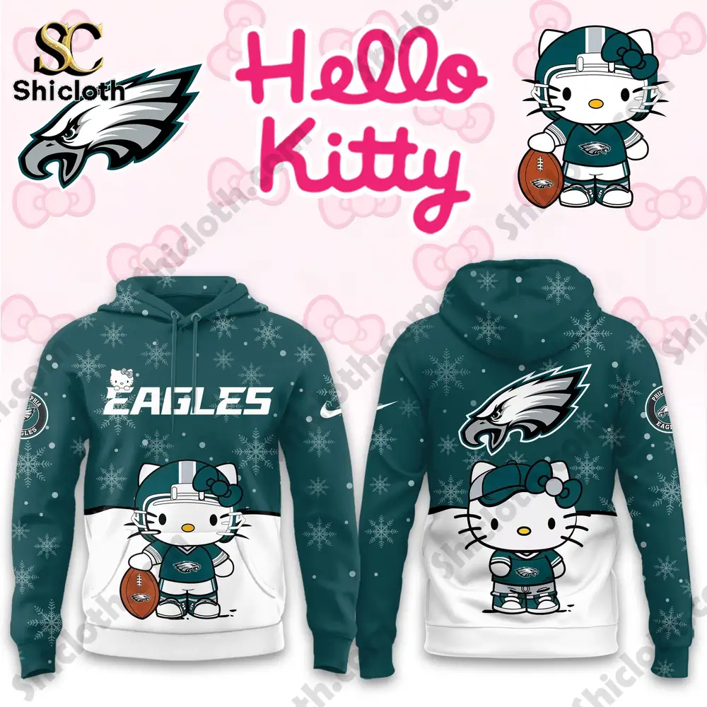 Hello Kitty Philadelphia Eagles hoodie featuring a football design, on a pink background.