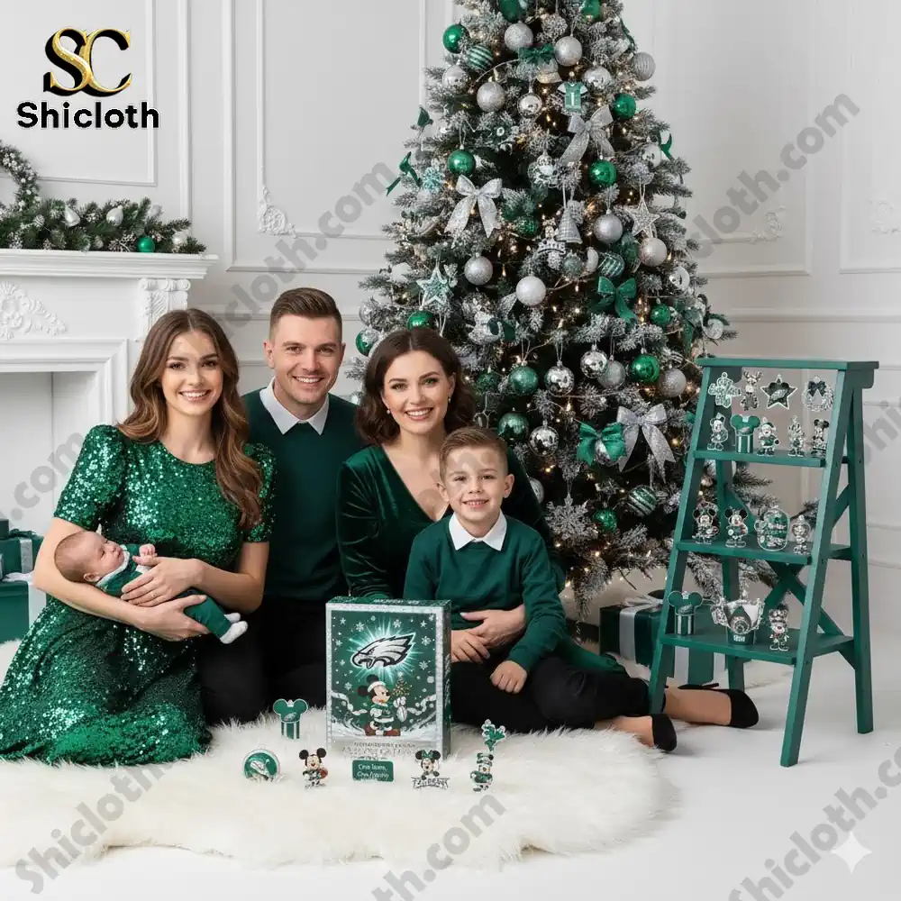 Family sitting beside a Christmas tree decorated in green and silver with Philadelphia Eagles advent calendar and ornaments.
