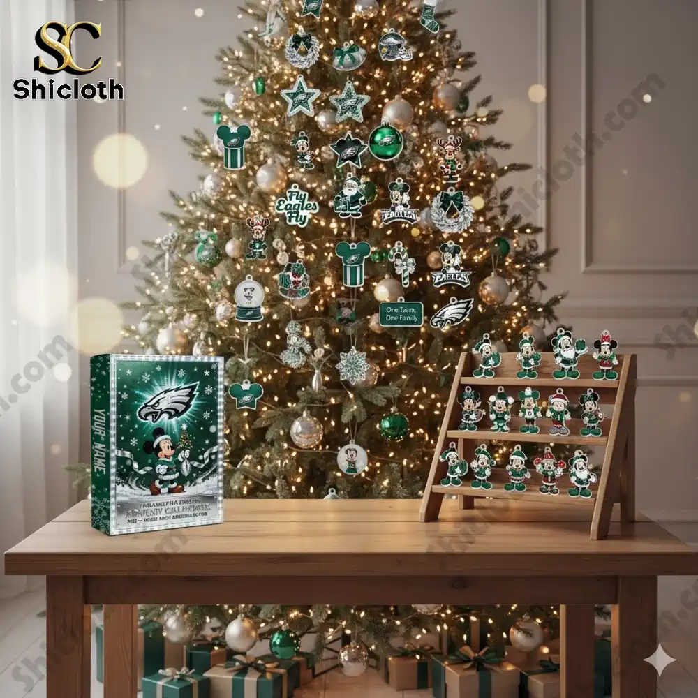 Christmas tree with Philadelphia Eagles ornaments and Shicloth advent calendar box on a wooden table.