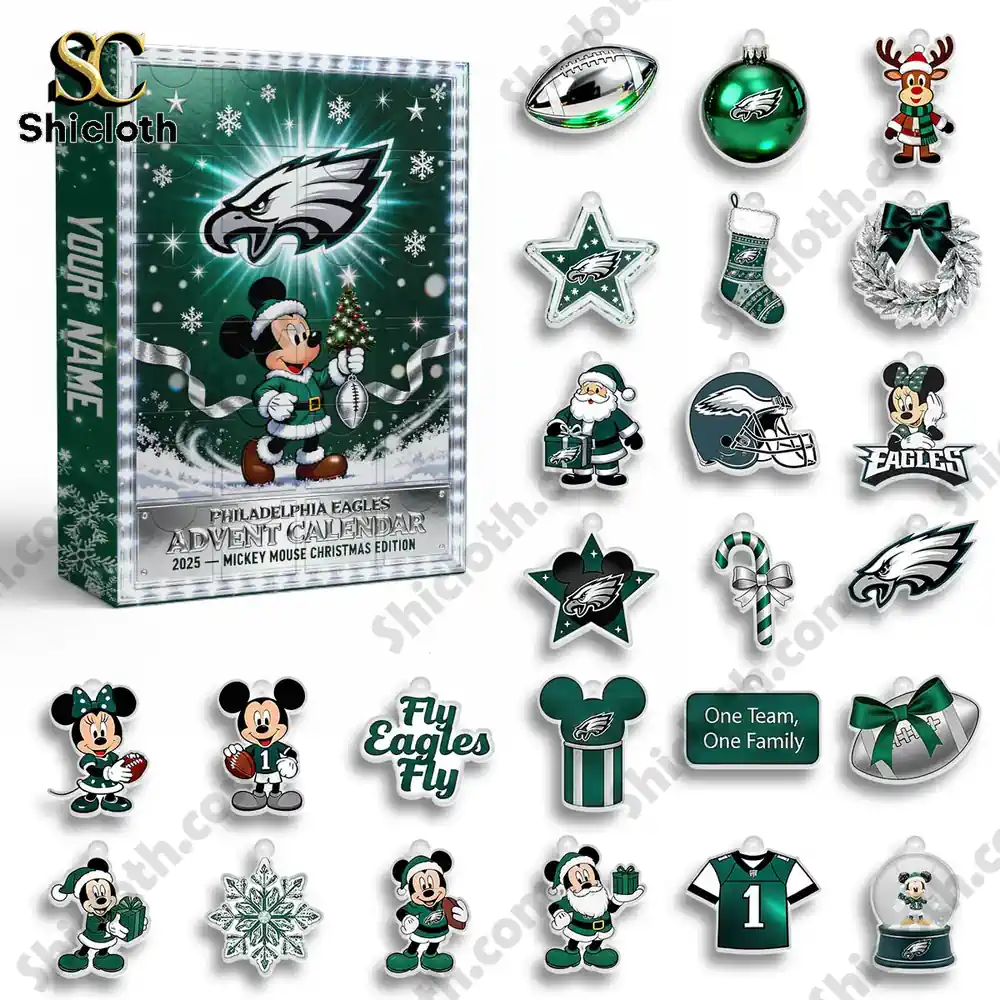 Philadelphia Eagles x Mickey Mouse Custom Name Advent Calendar 2025 3 Complete collection of Philadelphia Eagles advent calendar ornaments with box and themed decorations.