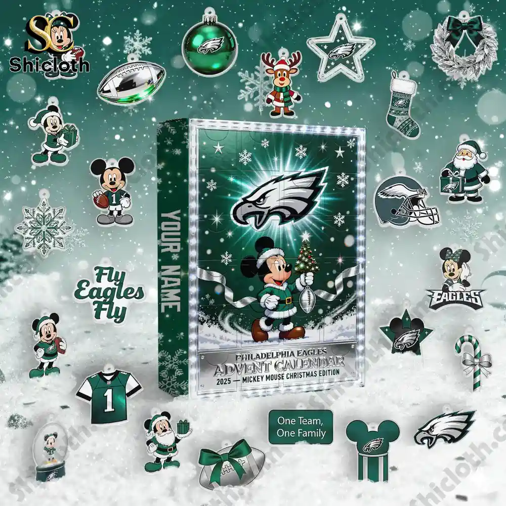 Philadelphia Eagles x Mickey Mouse Custom Name Advent Calendar 2025 4 Philadelphia Eagles advent calendar box surrounded by themed ornaments on a snowy background.