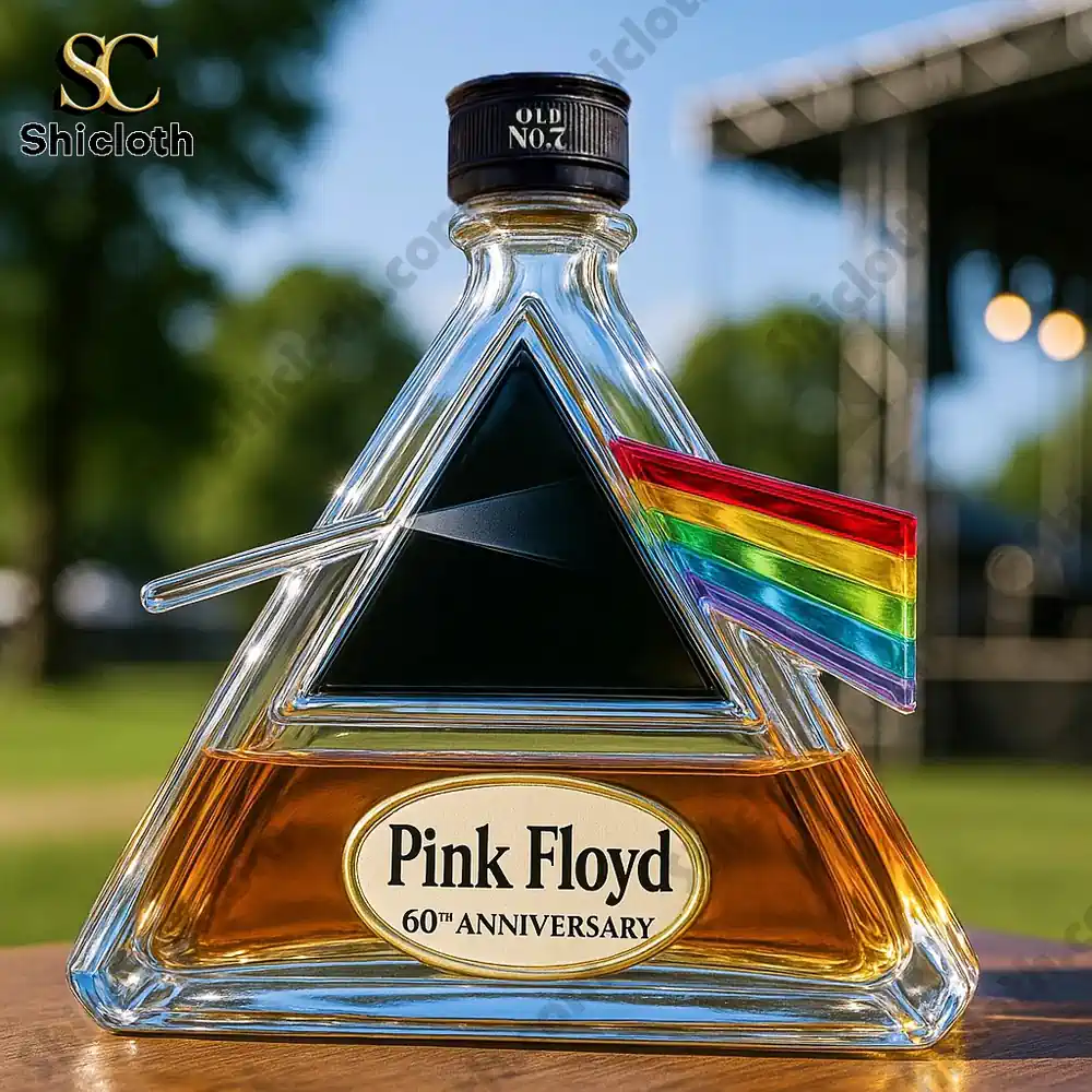 Triangular Pink Floyd sixtieth anniversary bottle with a black Old No Seven style cap outdoors.