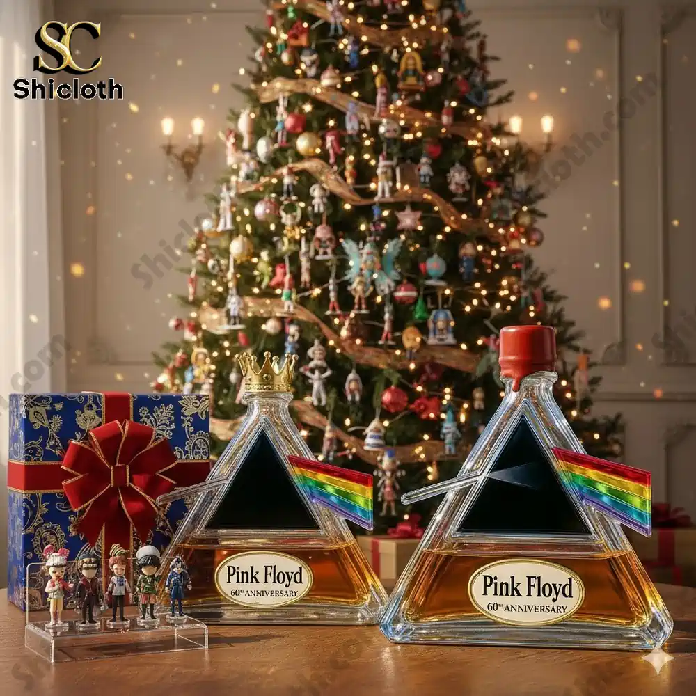 Two triangular Pink Floyd sixtieth anniversary bottles displayed by a Christmas tree with gifts.