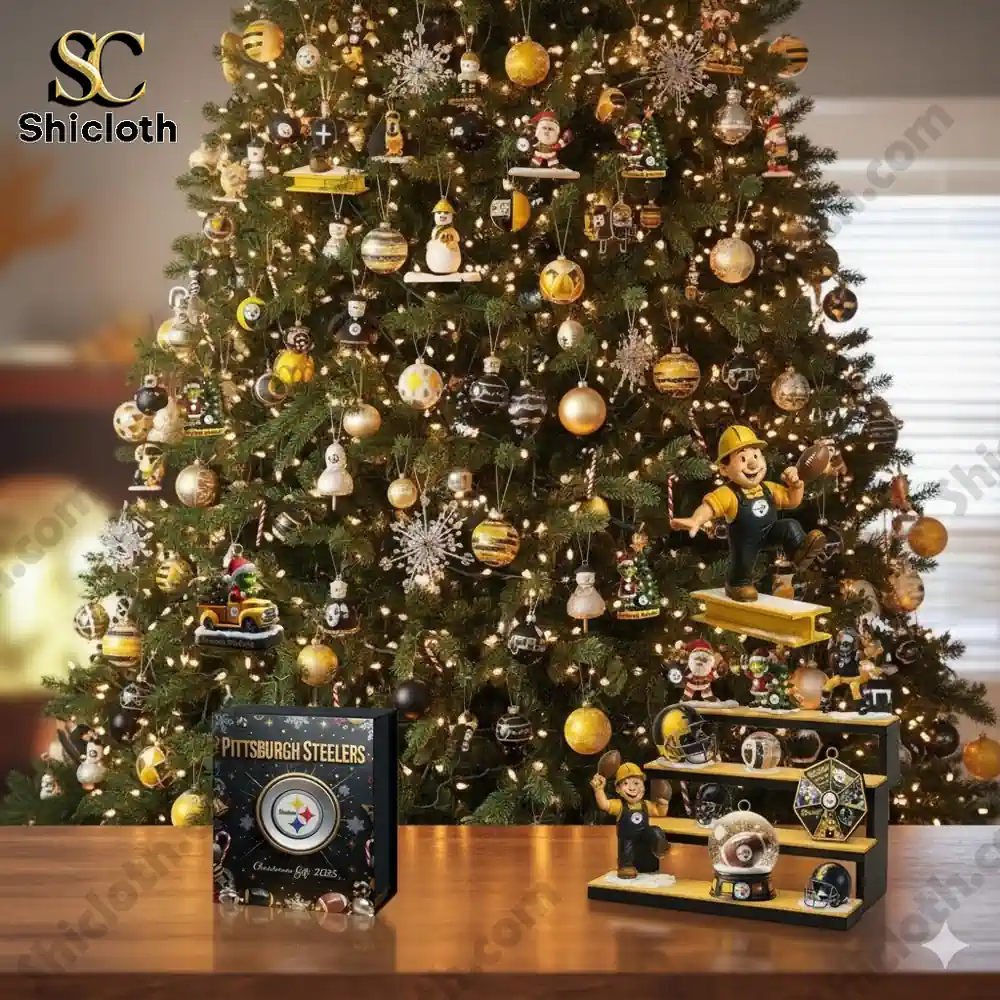 Fully decorated Christmas tree with Shicloth themed ornaments.