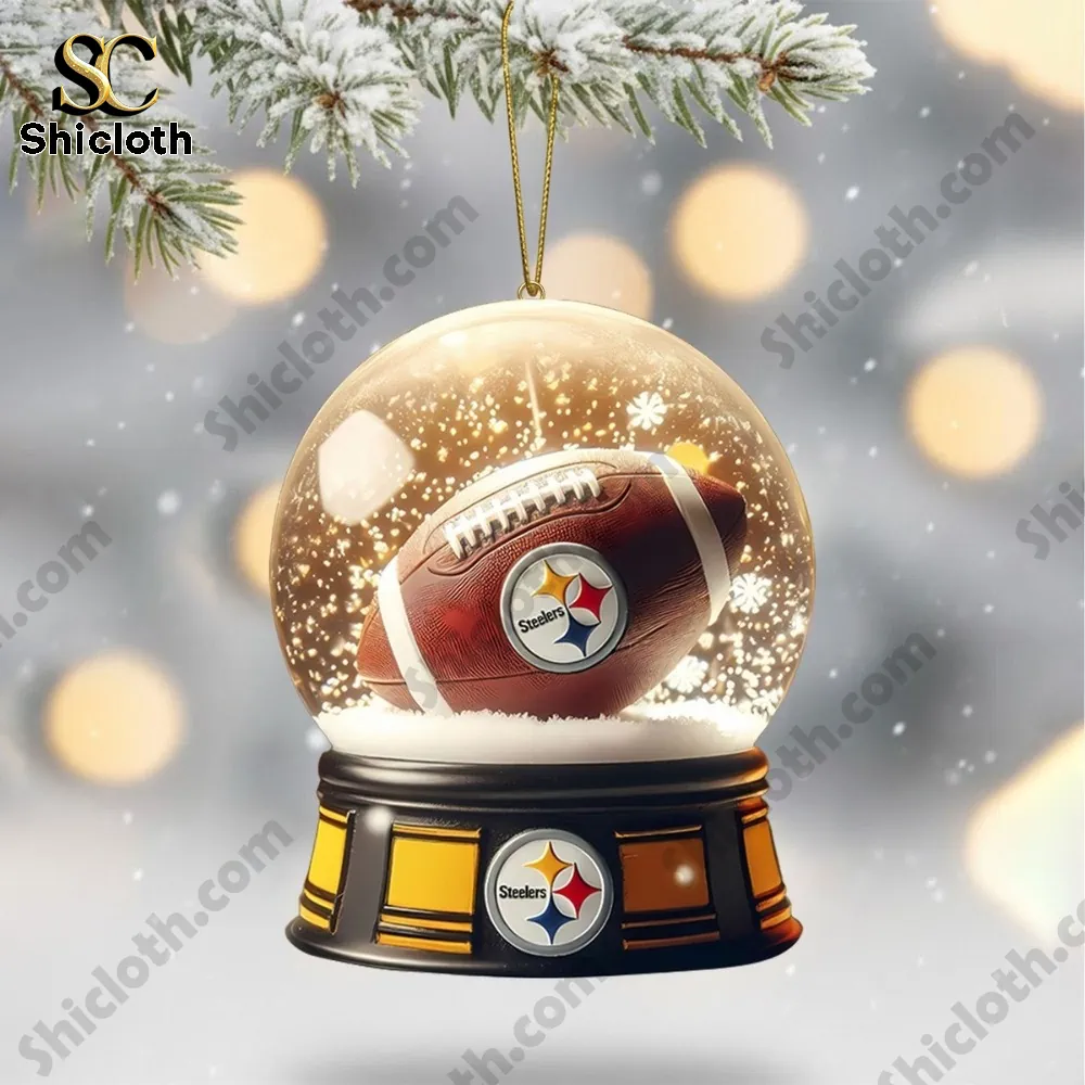 Snow globe ornament with a football inside inspired by Shicloth.