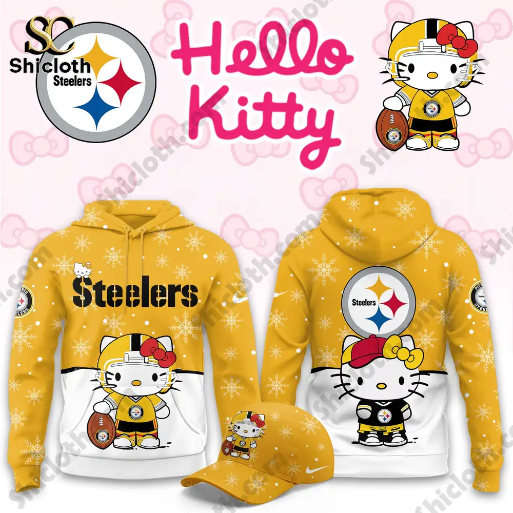 A hoodie and cap with Hello Kitty wearing a Pittsburgh Steelers outfit, showcasing the team logo and football gear.