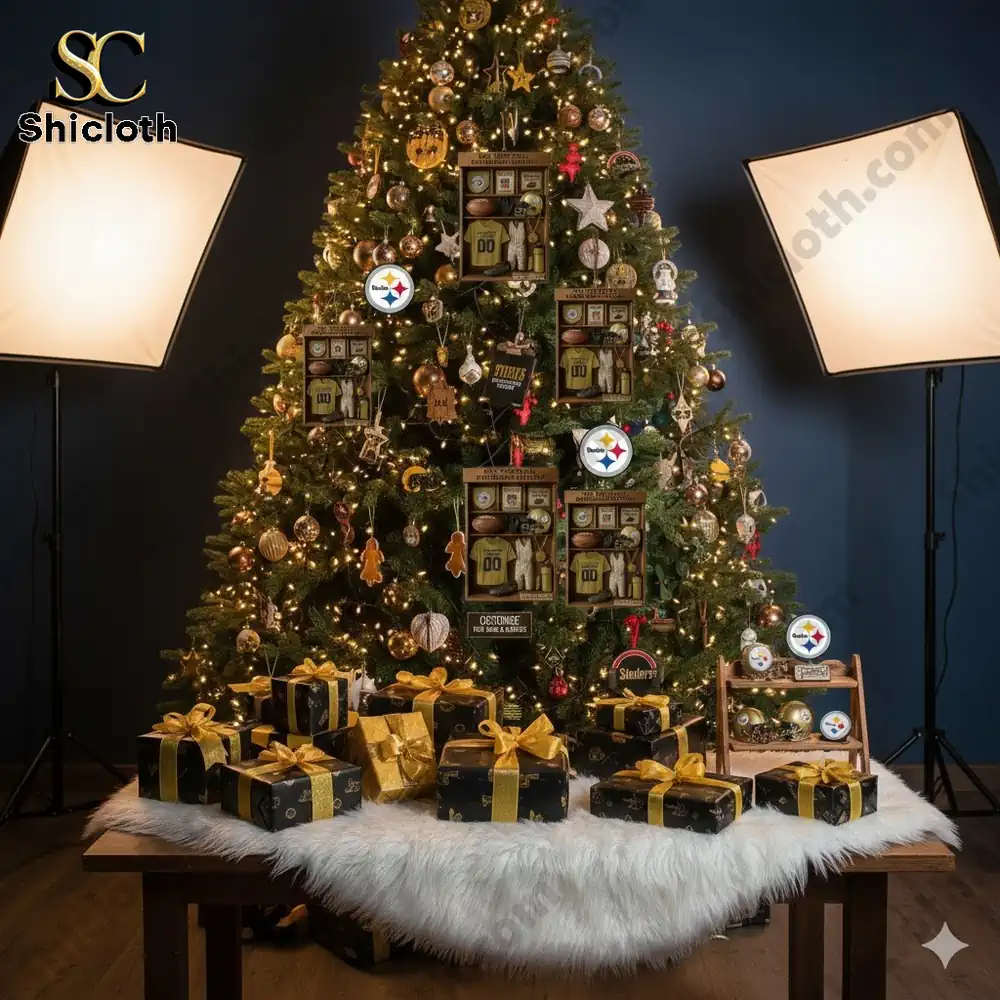 Christmas tree decorated with Pittsburgh Steelers themed ornaments and gifts.
