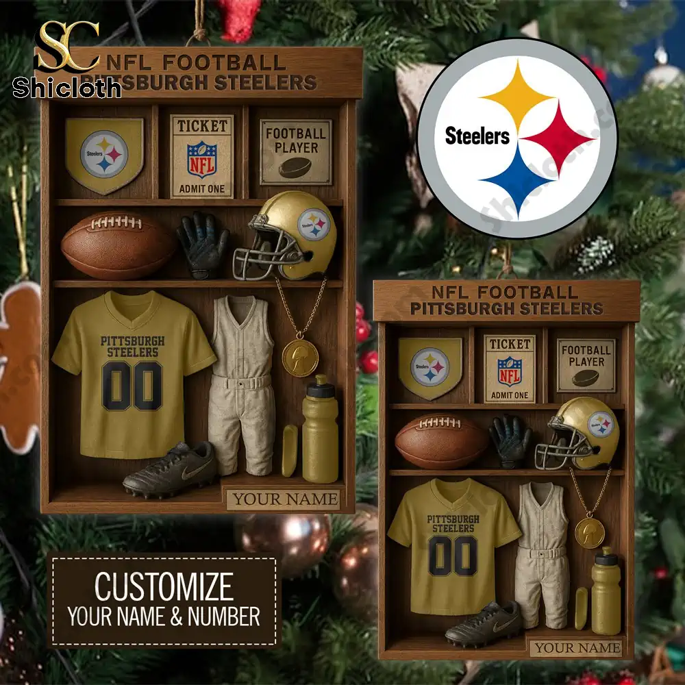 Customizable Pittsburgh Steelers ornament featuring miniature football gear.