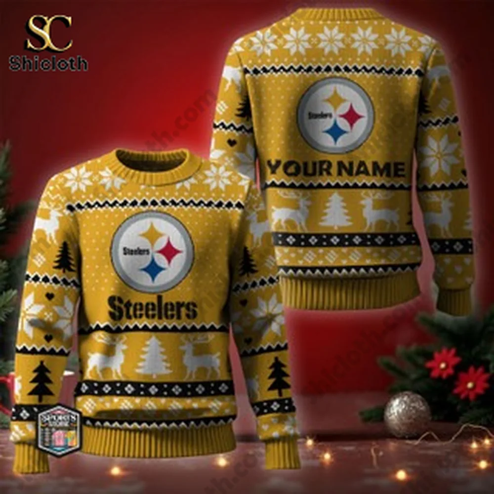 A yellow Steelers Christmas sweater with customizable name and festive design.
