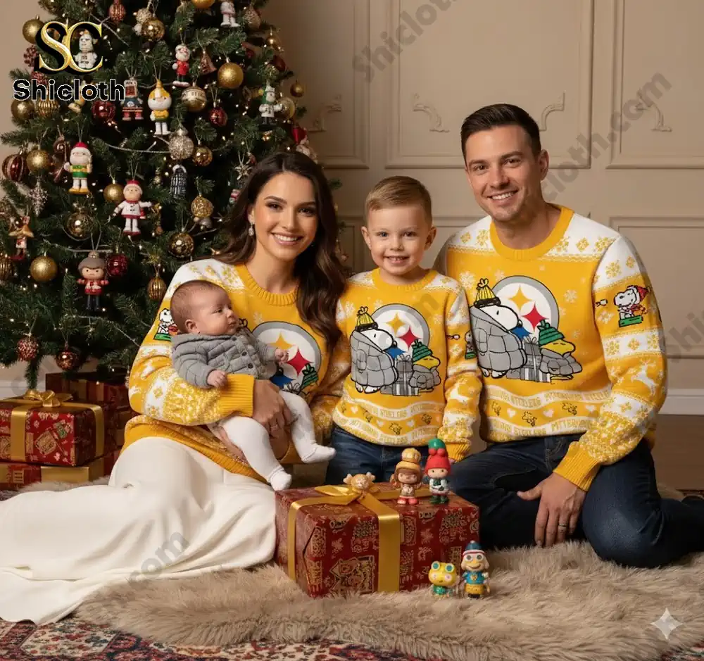 A family of four, including two kids and parents, wearing matching Pittsburgh Steelers-themed sweaters with Snoopy and the Peanuts characters, celebrating Christmas in front of a decorated tree.