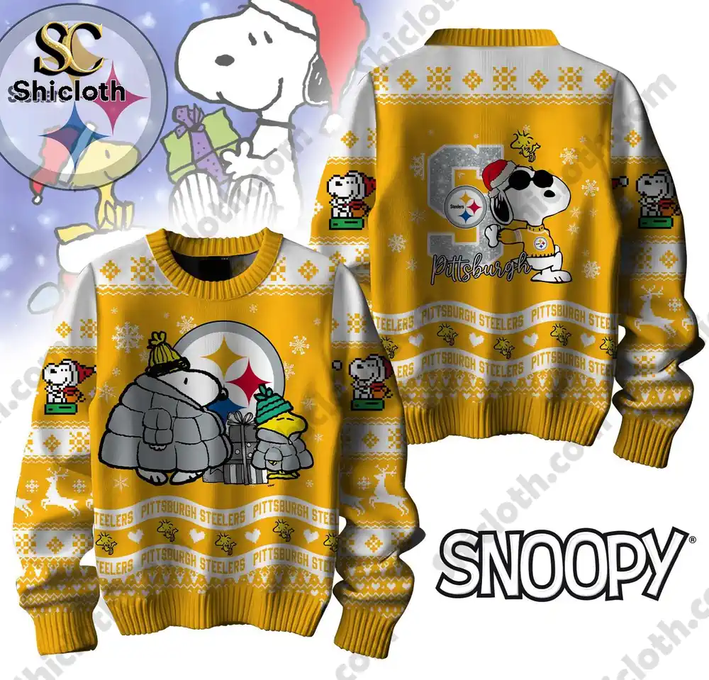 A Pittsburgh Steelers-themed ugly sweater featuring Snoopy and his friends, designed with a wintery scene and team logos on both the front and back.