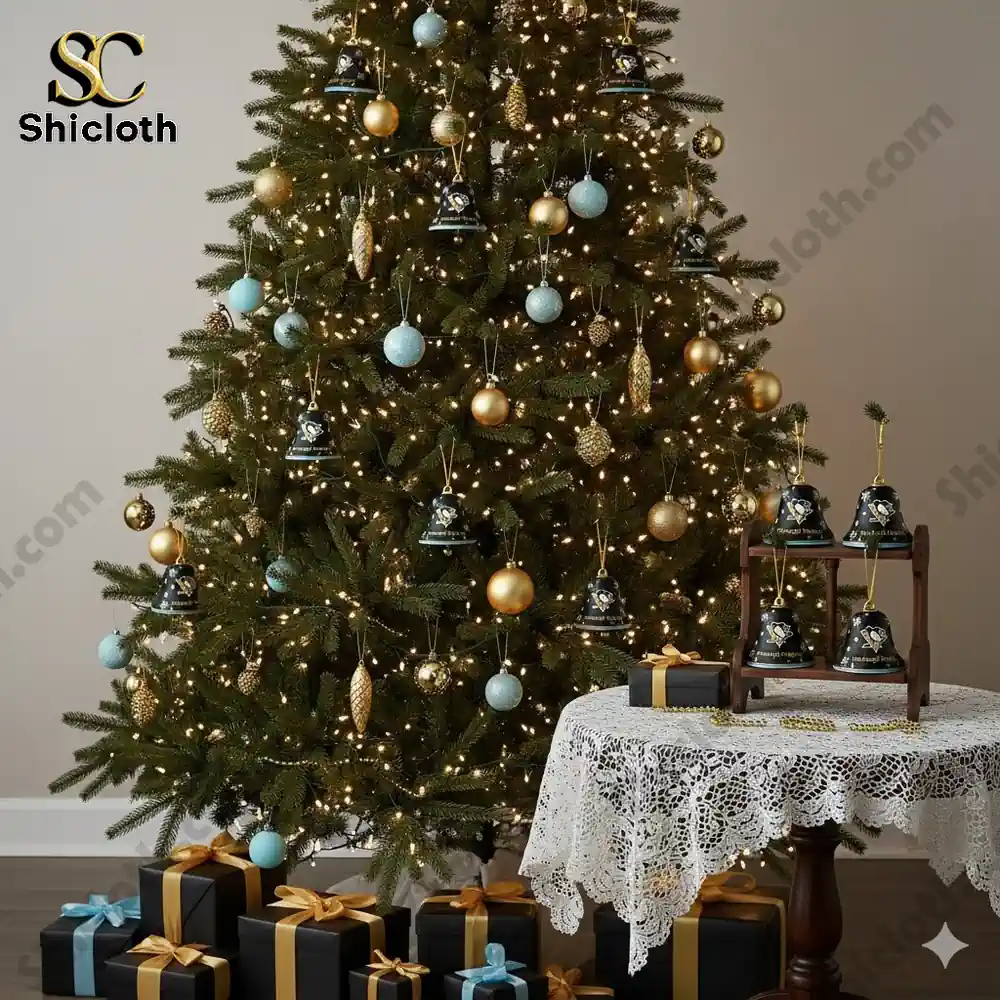 A Christmas tree decorated with Pittsburgh Penguins 58th anniversary bell ornaments and gold and blue baubles.