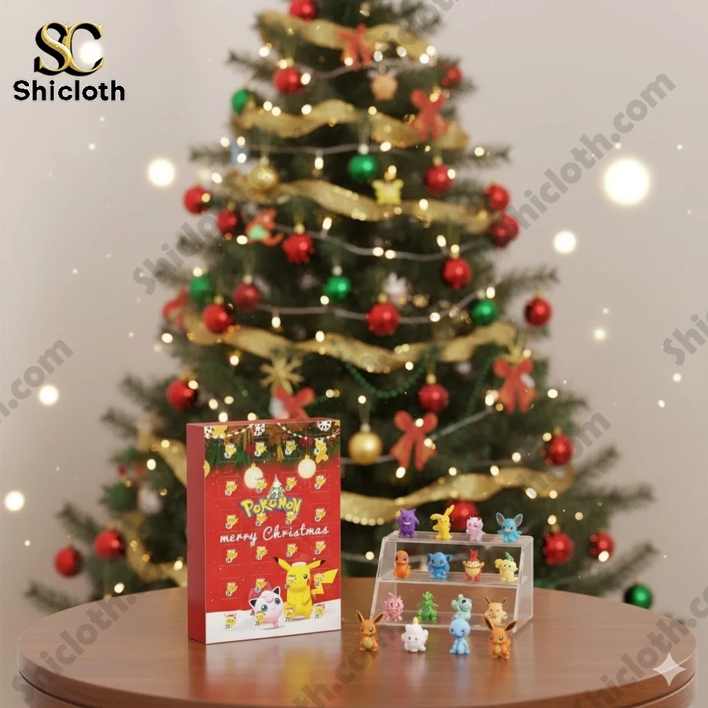A Pokémon Christmas advent calendar on a table in front of a decorated Christmas tree.