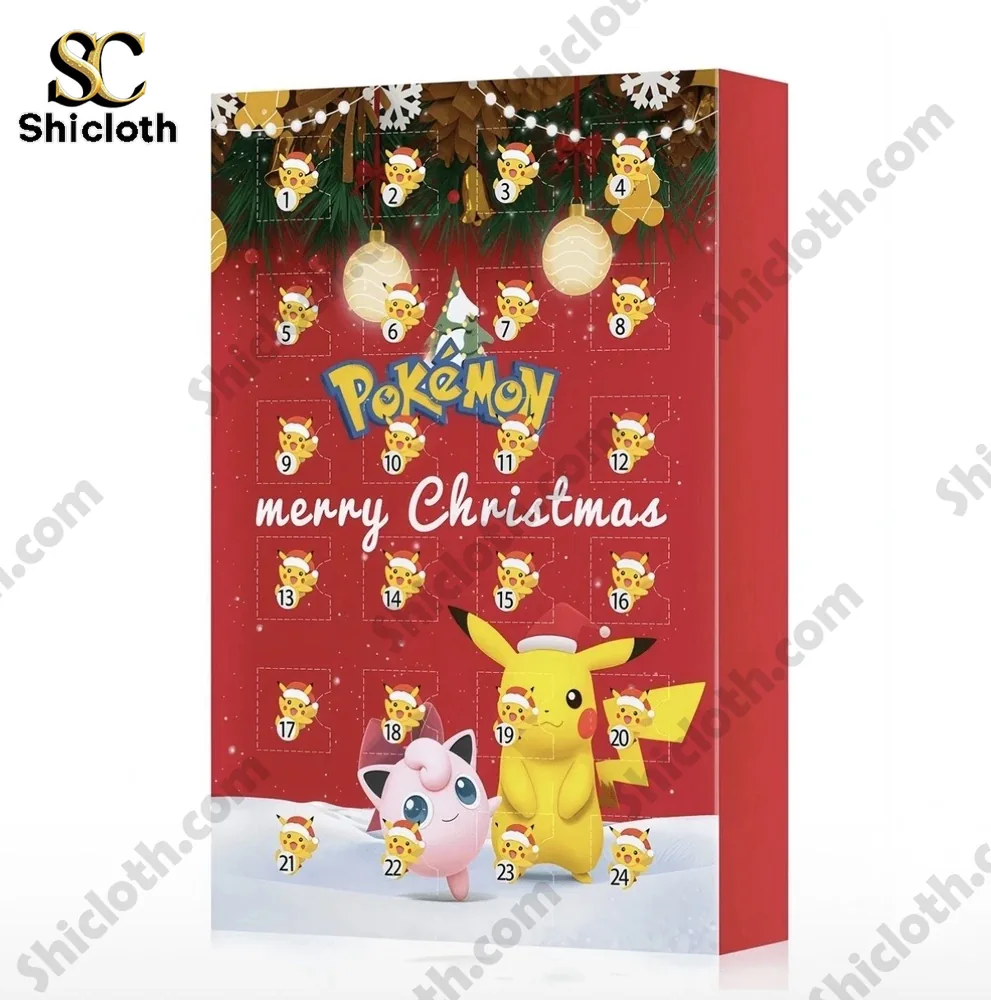 Pokemon Christmas Advent Calendar 24 Days of Mystery Toys 3 A close view of the Pokémon Christmas advent calendar featuring Pikachu and Jigglypuff.