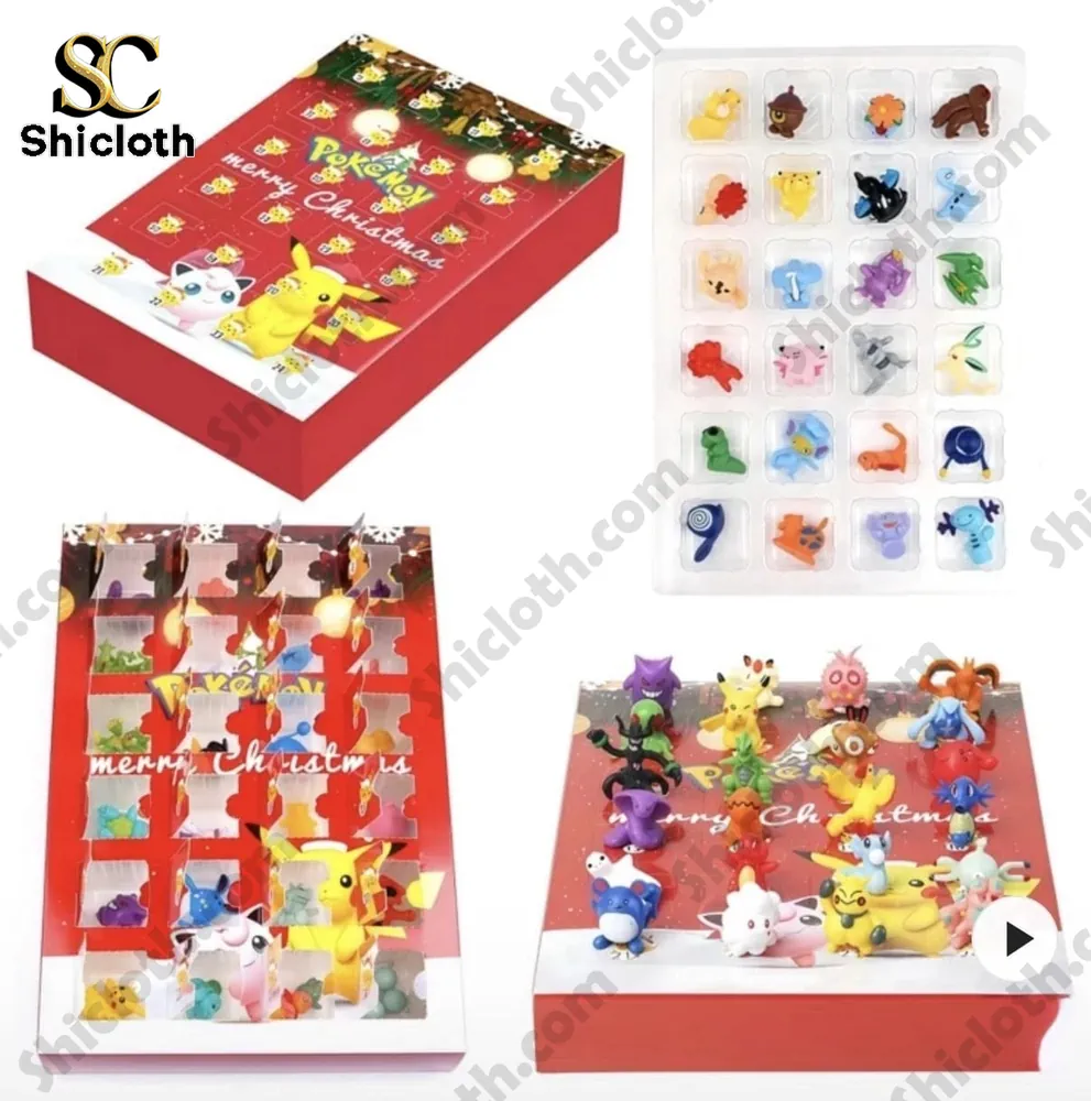Pokemon Christmas Advent Calendar 24 Days of Mystery Toys 4 Inside view of the Pokémon Christmas advent calendar showing small collectible Pokémon toys.