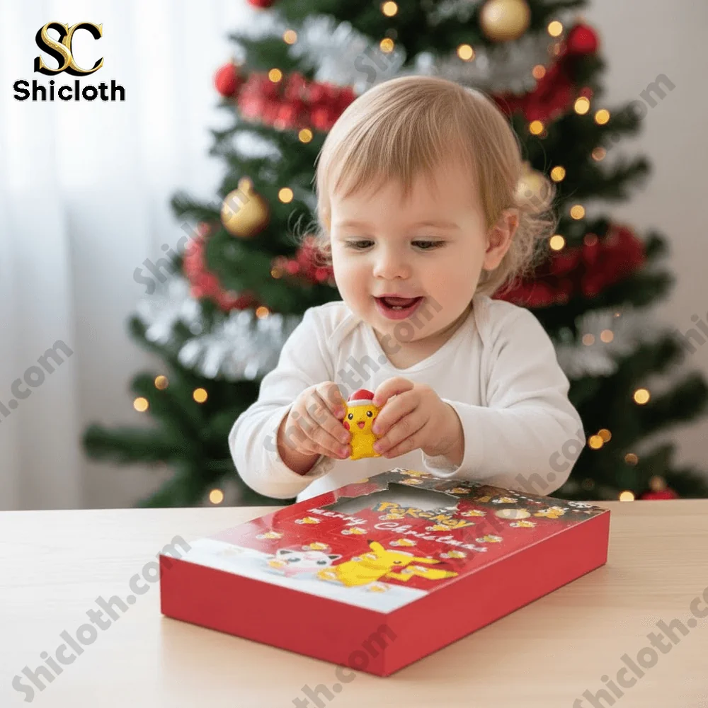 A baby playing with a Pikachu toy from the Pokémon Christmas advent calendar.