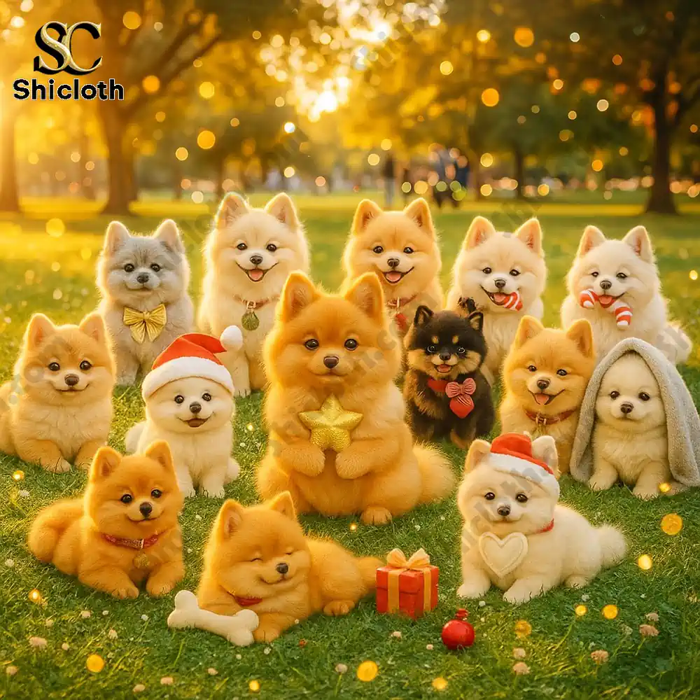 A group of fluffy Pomeranian puppies sitting on grass at sunset in a park scene!