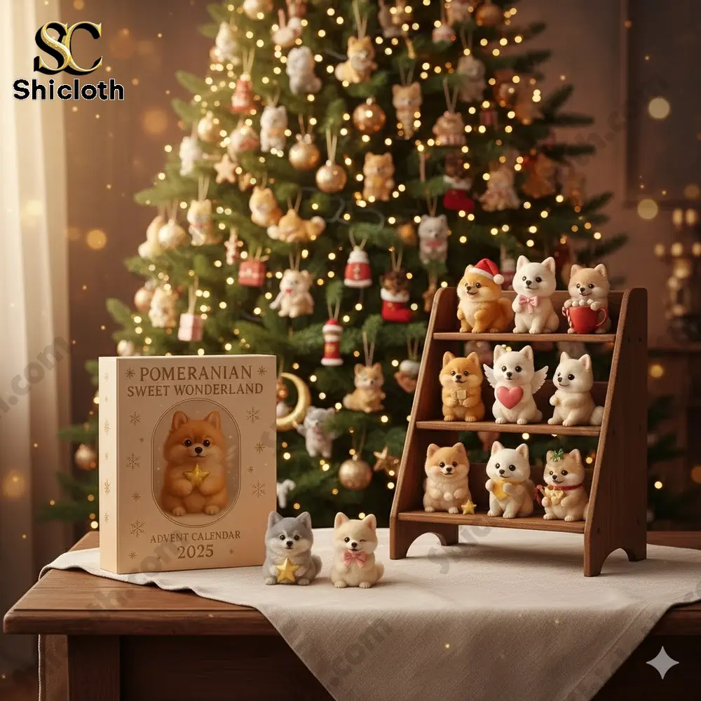 Pomeranian figurine display on a table next to a decorated Christmas tree!