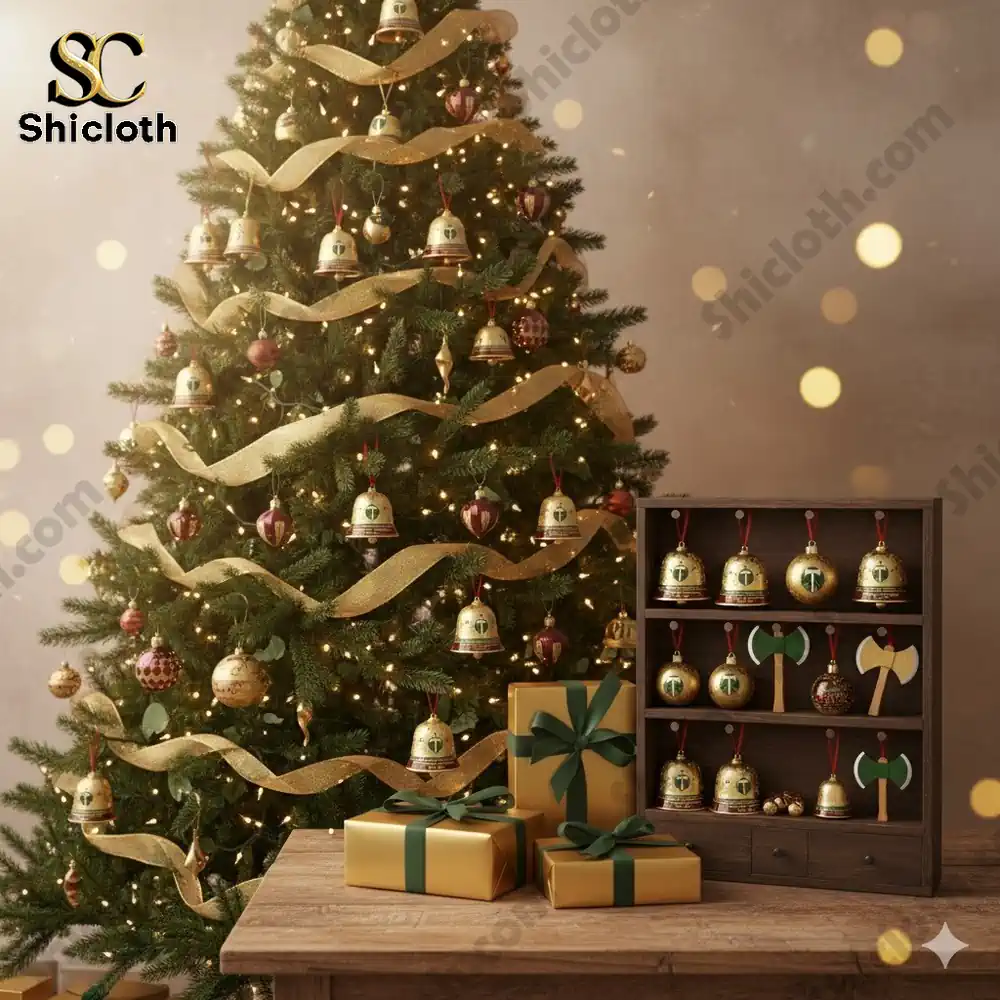 Christmas tree decorated with Portland Timbers 16th Anniversary bell ornaments and gift boxes on a wooden table.