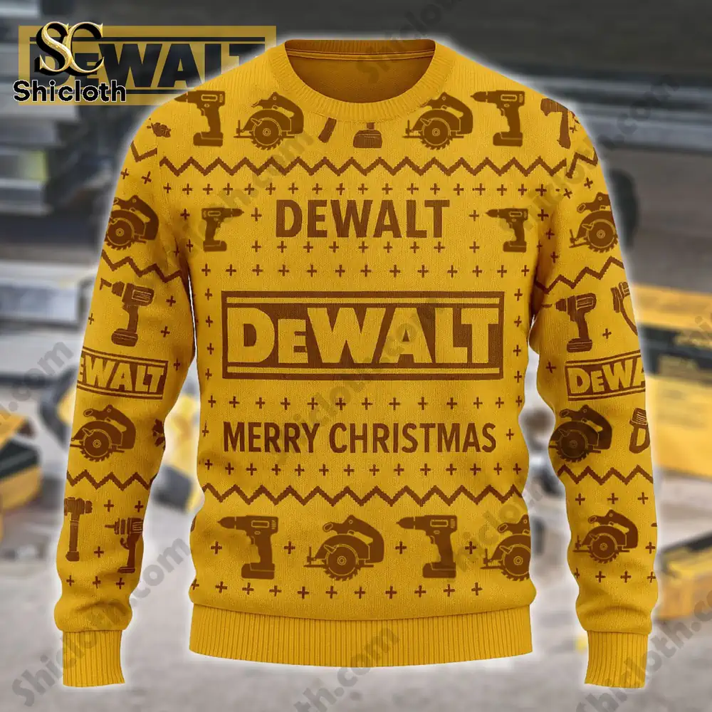 Premium DeWalt Ugly Christmas Sweater 3 DeWalt Premium Ugly Christmas Sweater with a detailed tool and Christmas motif design.
