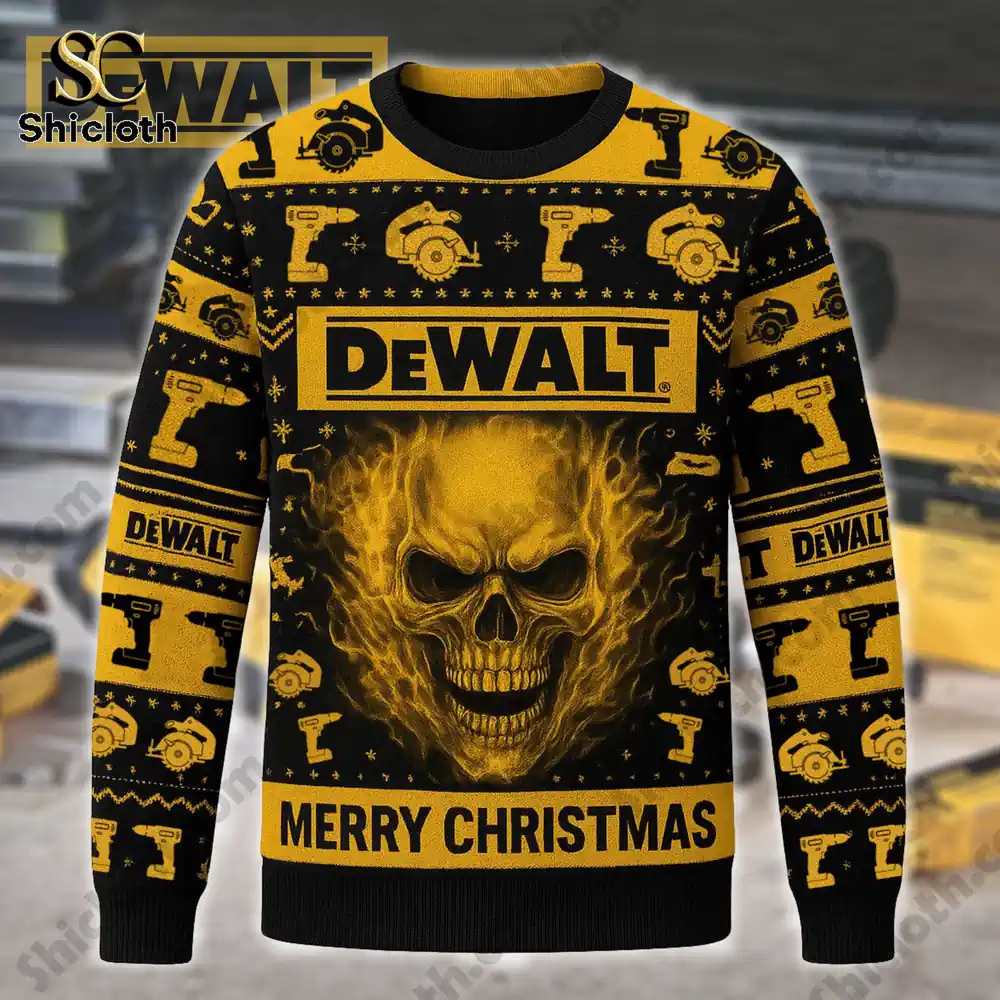 Premium DeWalt Ugly Christmas Sweater 4 A festive DeWalt Premium Ugly Christmas Sweater with tool and Christmas designs.