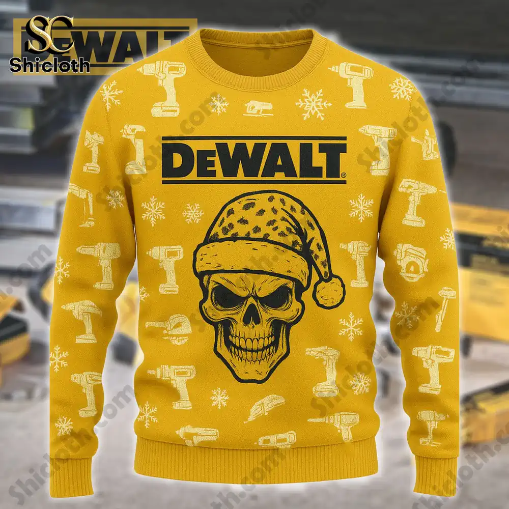 Premium DeWalt Ugly Christmas Sweater 5 A DeWalt Premium Ugly Christmas Sweater featuring a skull wearing a Santa hat with a fiery beard.