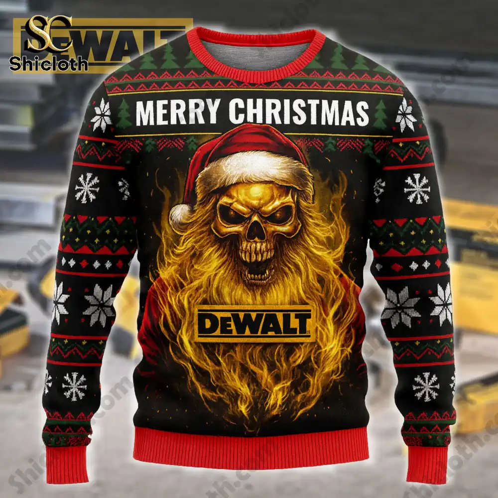Premium DeWalt Ugly Christmas Sweater 6 A DeWalt Premium Ugly Christmas Sweater featuring a skull wearing a Santa hat with a fiery beard.