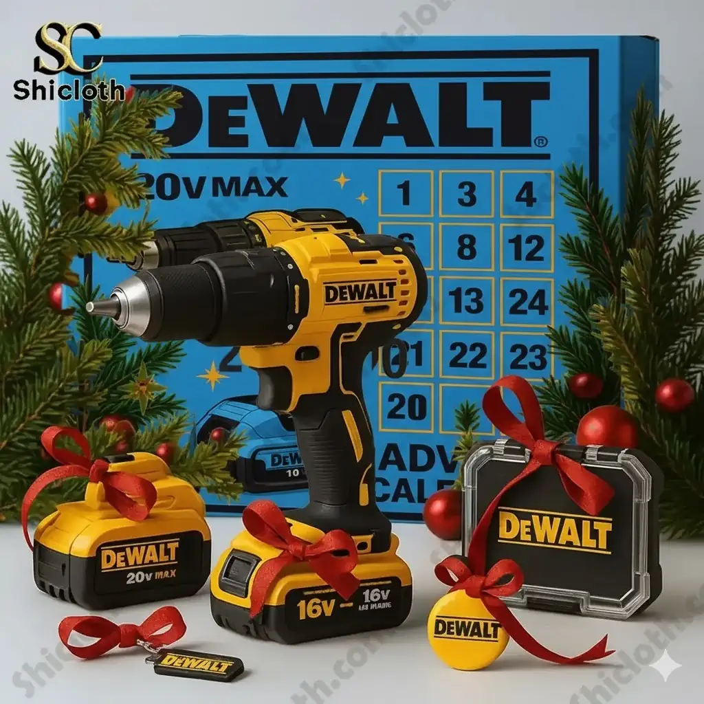 Dewalt Christmas Advent Calendar 2025 3 A Dewalt 2025 Advent Calendar box surrounded by a Dewalt drill batteries and accessories decorated with Christmas ornaments.!