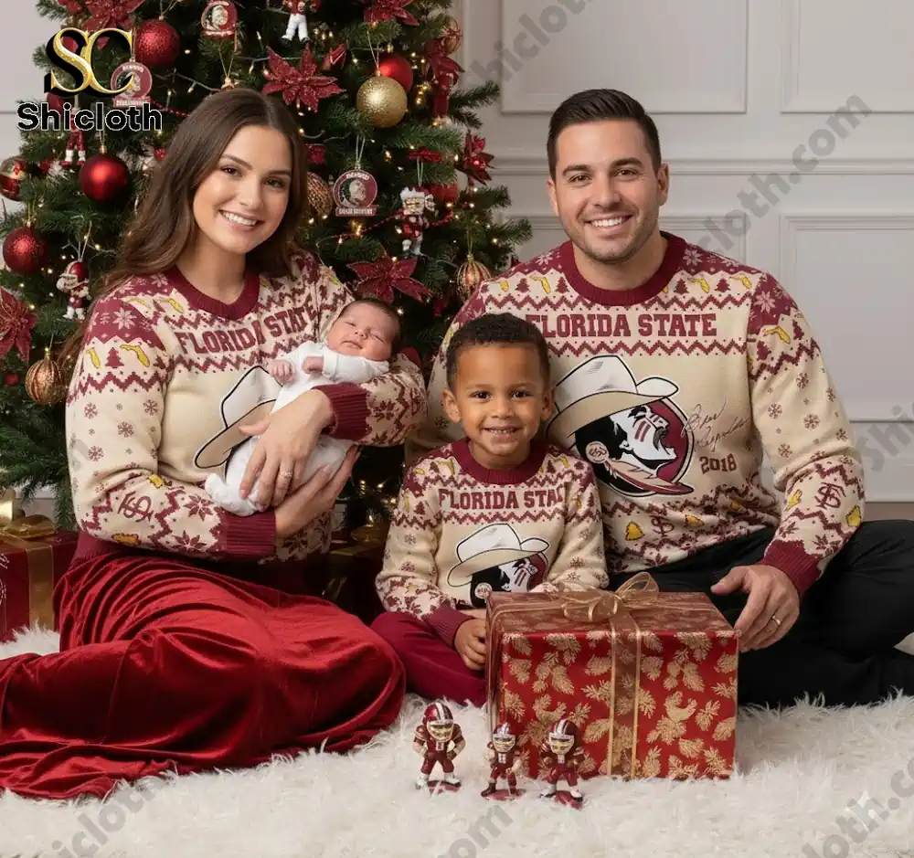 Family wearing Florida State Seminoles themed Christmas sweaters around a Christmas tree with gifts and figurines.