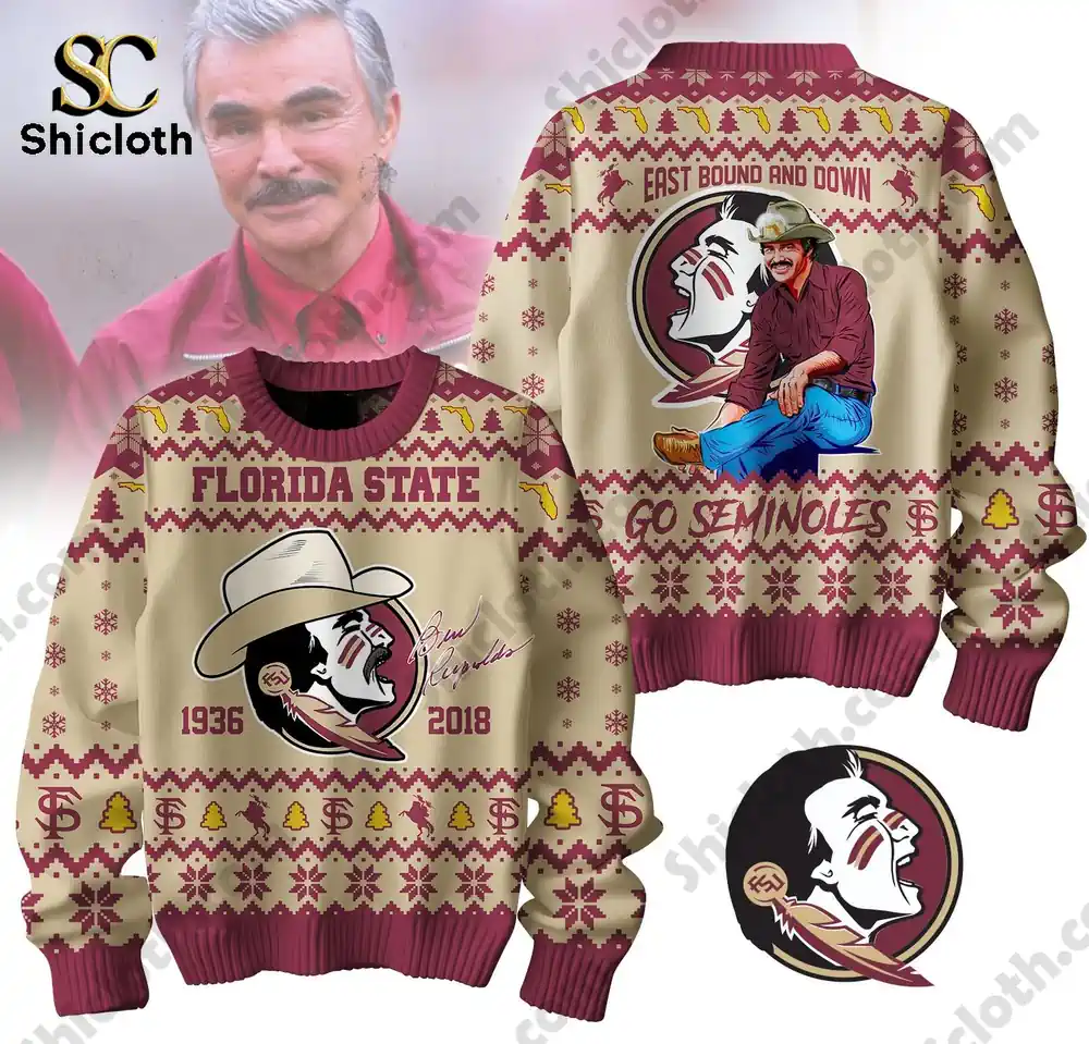 Florida State Seminoles Burt Reynolds themed ugly sweater with a design of the late actor and the Seminoles logo.