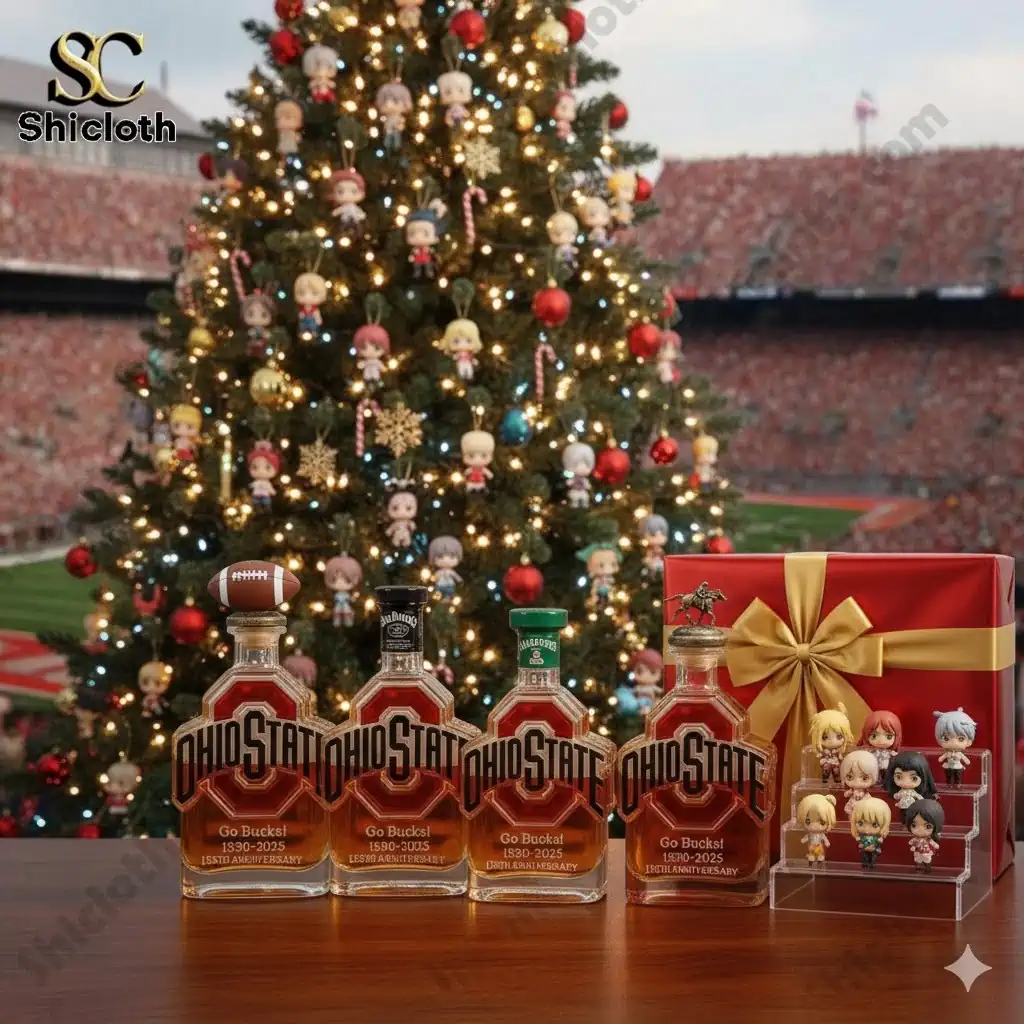 Row of Ohio State commemorative bottles with varied stoppers displayed in front of a decorated Christmas tree by Shicloth.