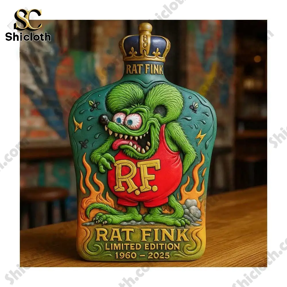 Close up of a Rat Fink limited edition bottle with bold green character artwork.