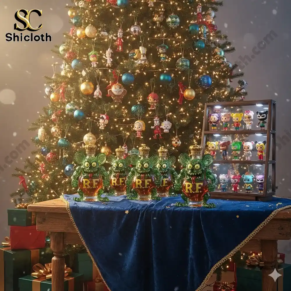 A Christmas tree decorated with colorful ornaments and a display of Rat Fink Crown Royal whiskey bottles with the R.F. logo.