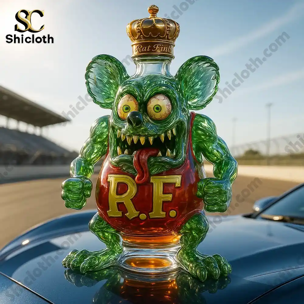 Close-up of a Rat Fink Crown Royal whiskey bottle, showing the vibrant green design, R.F. logo, and crown.